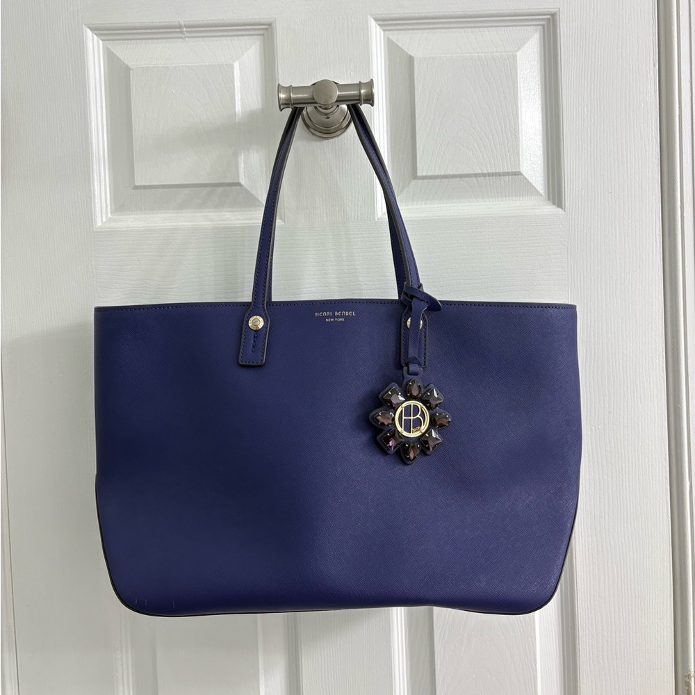 Henri Bendel Blue Structured Tote Bag Saffiano Leather with Dust Bag